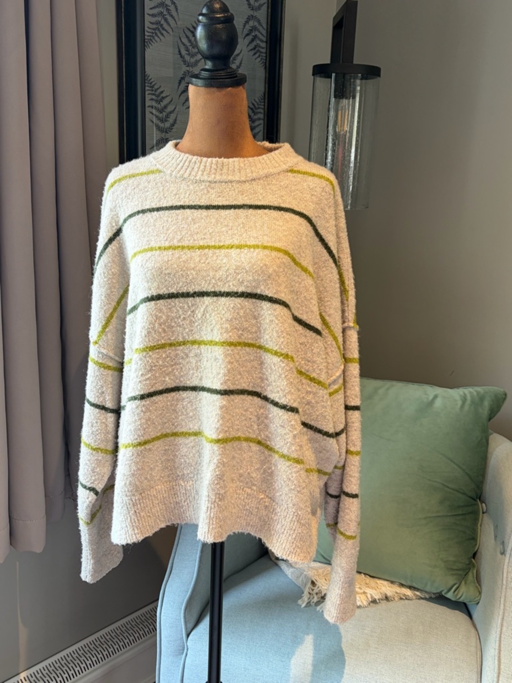 American Eagle Cozy Cream Striped Knit Sweater - Relaxed Fit